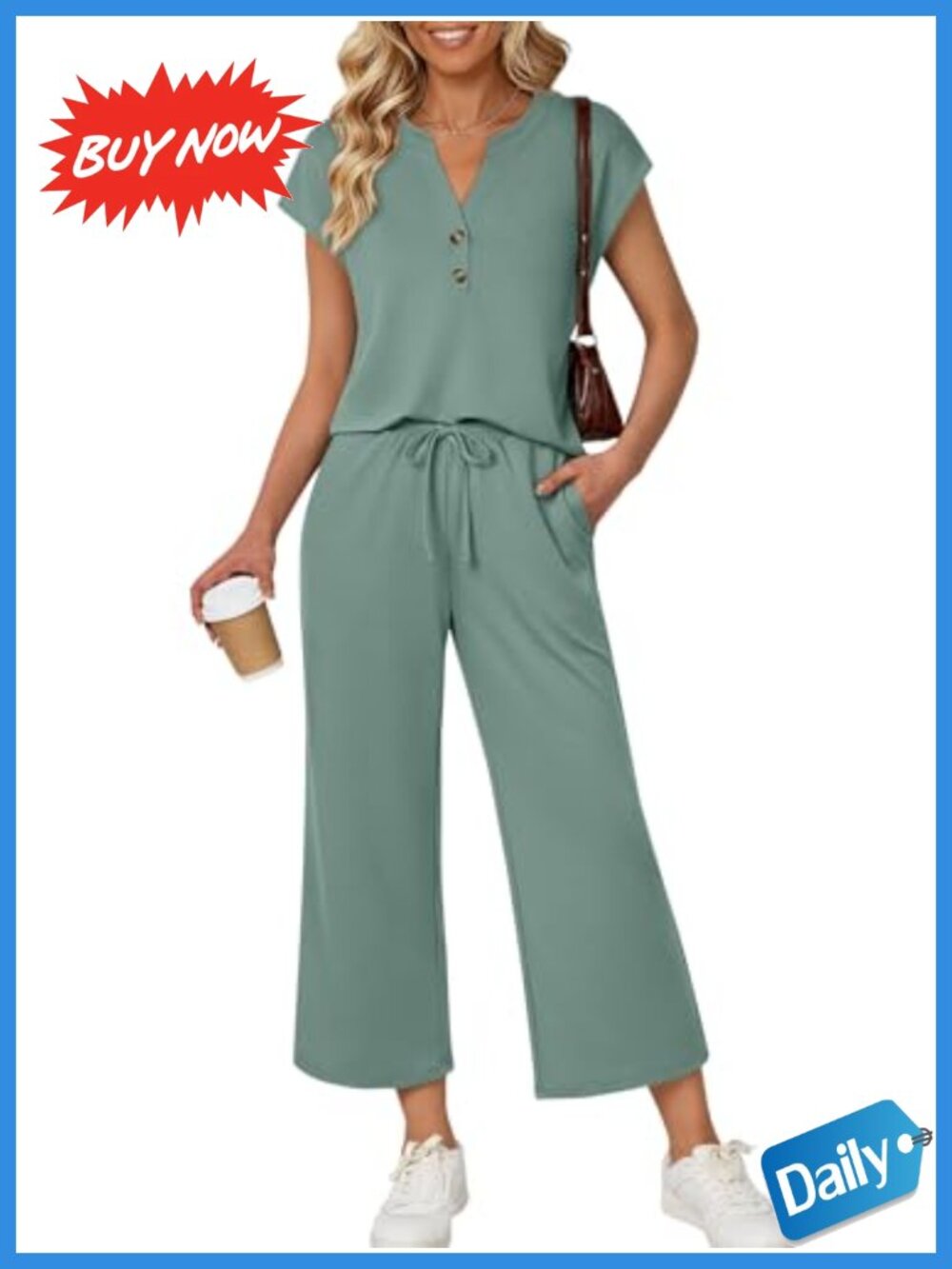 Women's 2 Piece Lounge Set Henley Shirt Cropped Wide Leg Pants Relaxed Fit